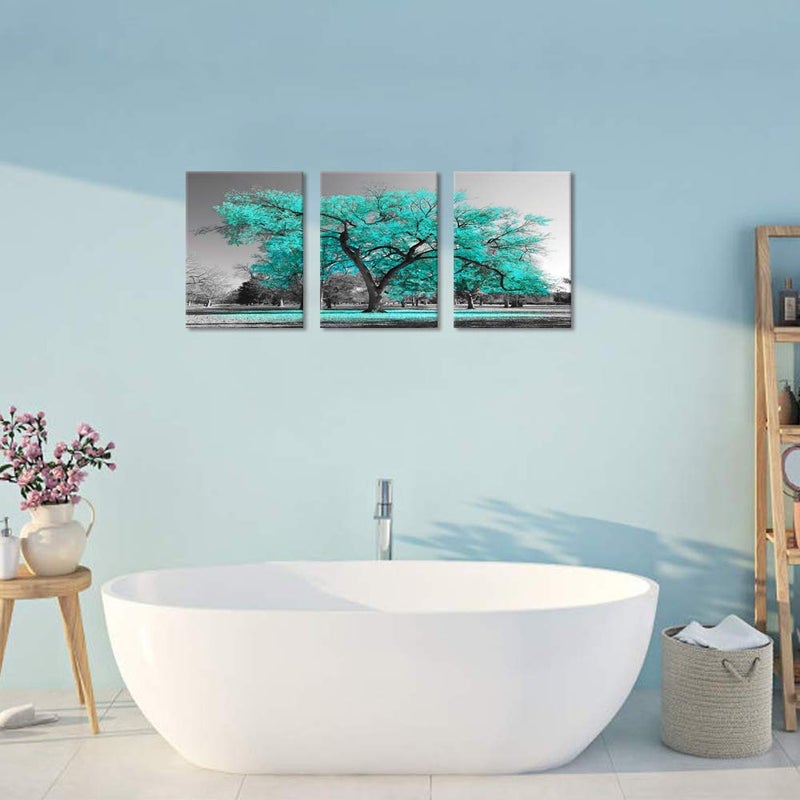 Visual Art Decor Teal and Grey Bedroom Picture for Wall 3 Pieces Turquoise Blossom Tree of Life Canvas Prints Framed Tree Painting Artwork for Modern Living Room Home Office Bathroom Decoration - Image 5